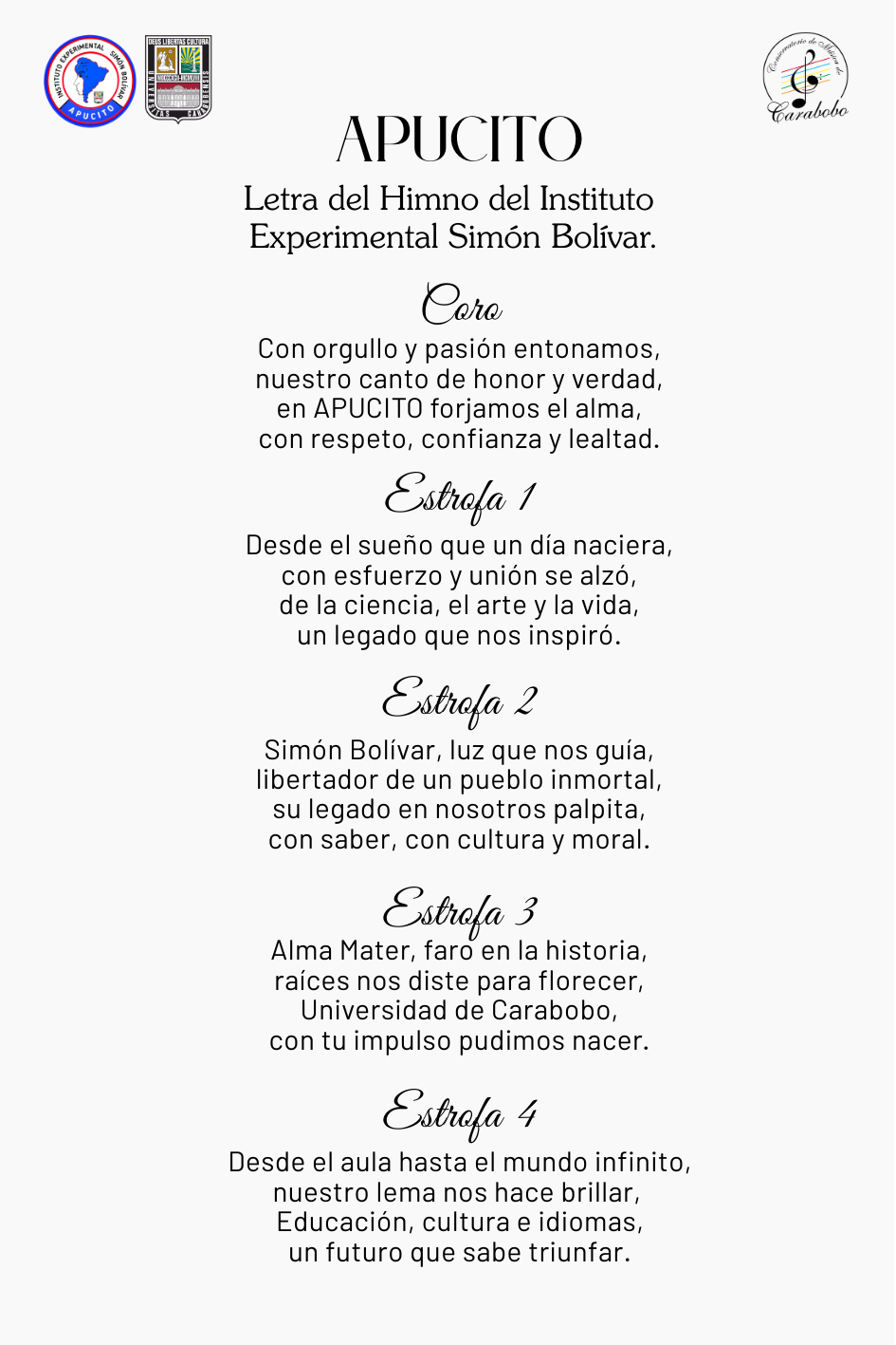 Letra del Himno de la Institución